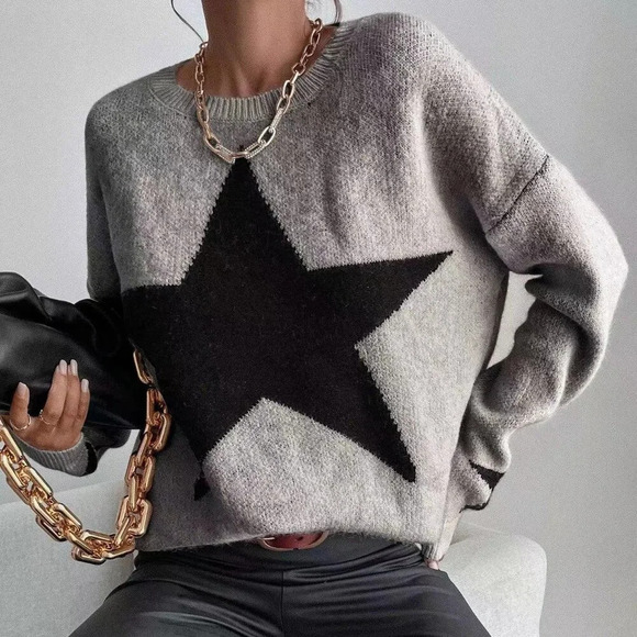 Grey Casual Women's Drop Shoulder Star Pattern Sweater - Picture 5 of 6